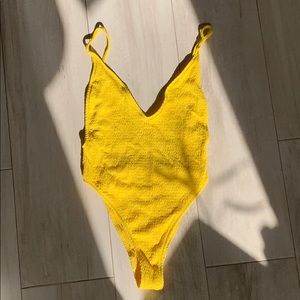 Yellow Deep V & Open Back One Piece Bathing Suit